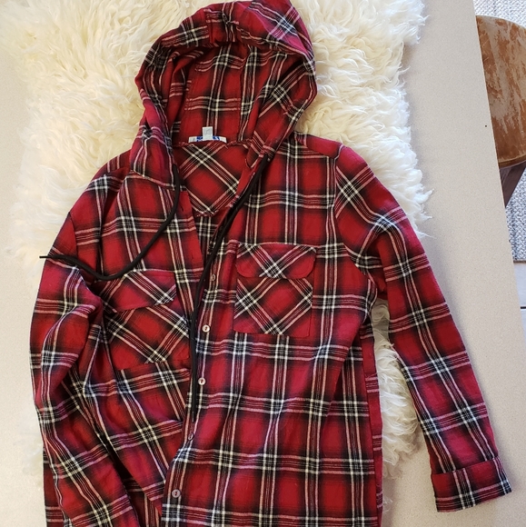 Red plaid button up with hood - Picture 1 of 2